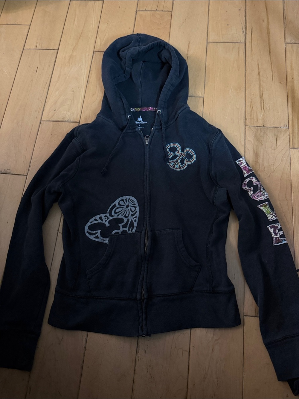 Disney Black Zip-Up Hoodie with Decorative Hearts and Sleeve Print